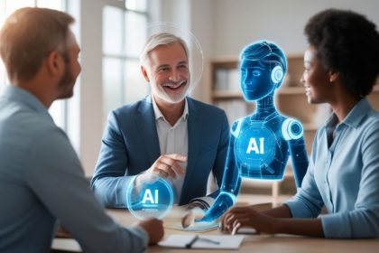 Employees in a meeting, AI is present