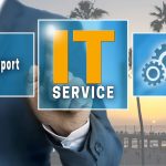 Business owner pressing an IT button with southern california in the background